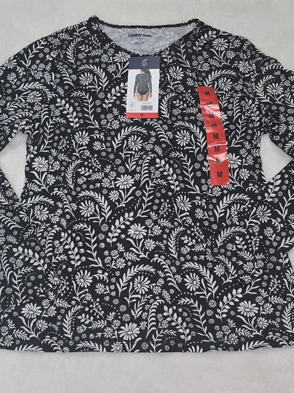 Lands' End Women's Long Sleeve Rash Guard Swim Shirt Black Floral NWT Size M